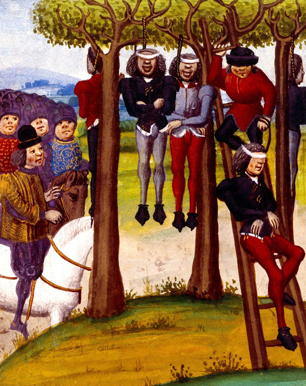 Parasztok akasztása 1422-ben, illusztráció a Monstrelet krónikájából alkotó: French School