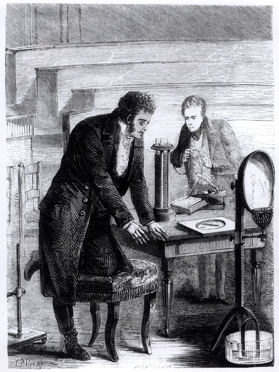 Hans Christian Oersted (1777-1851) felfedezte a mágneses tű zárt áram általi eltérését 1820-ban Louis Figuier (1819-94) Les Merveilles de la Science című művéből, 1867 alkotó: French School
