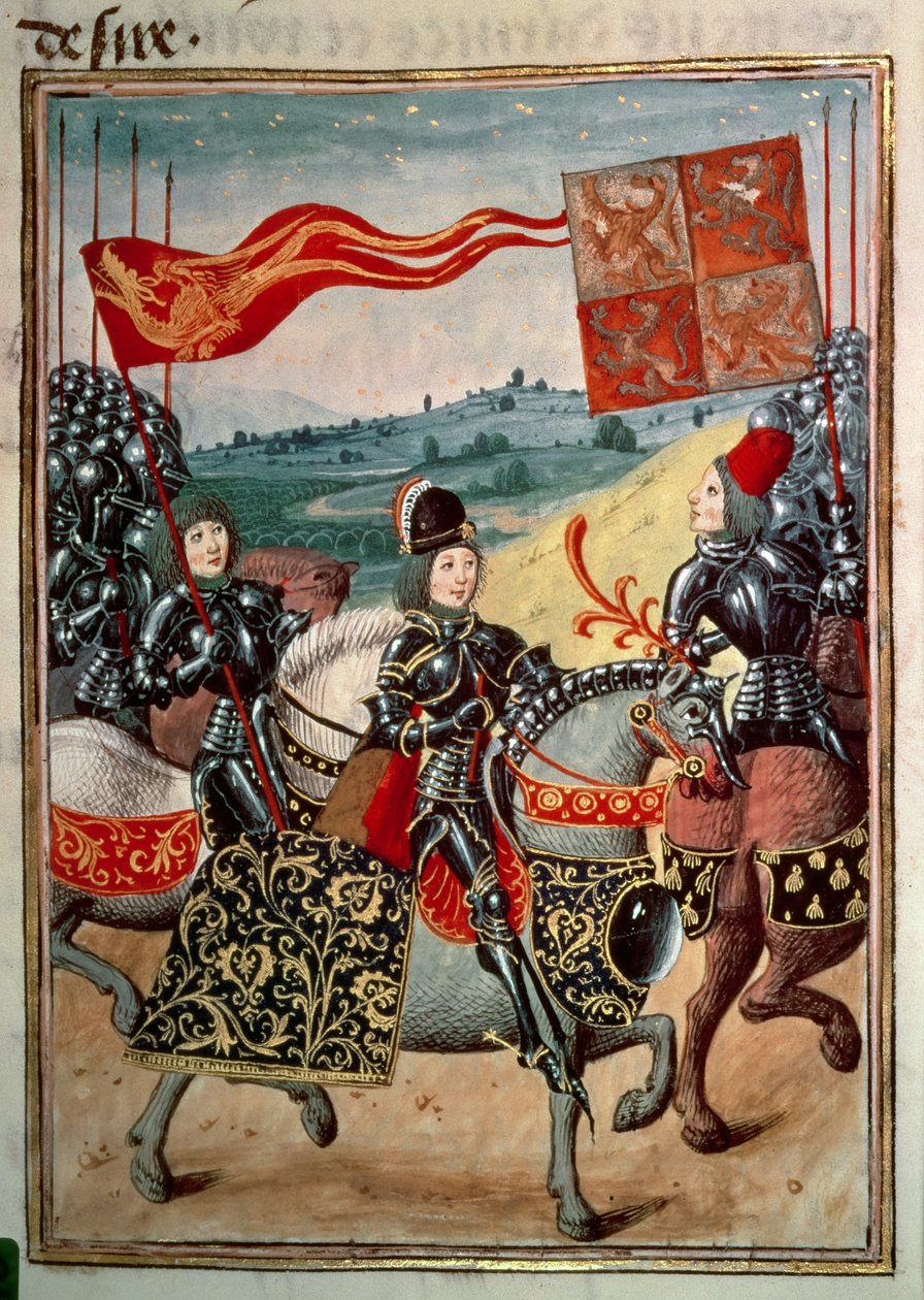 Harl 4379 f.113 Lovag és két kísérő katonasággal, IV. kötet, a „Froissart