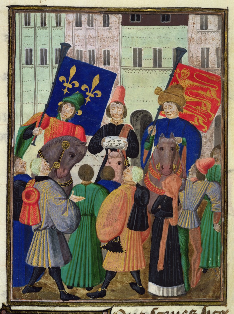 Harl 4379 f.182v A fegyverszünet kikiáltása Anglia és Franciaország között alkotó: French School
