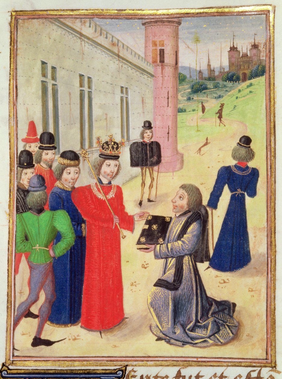 Harl 4380 f.233v Froissart bemutatja könyvét II. Richardnak, a Froissart