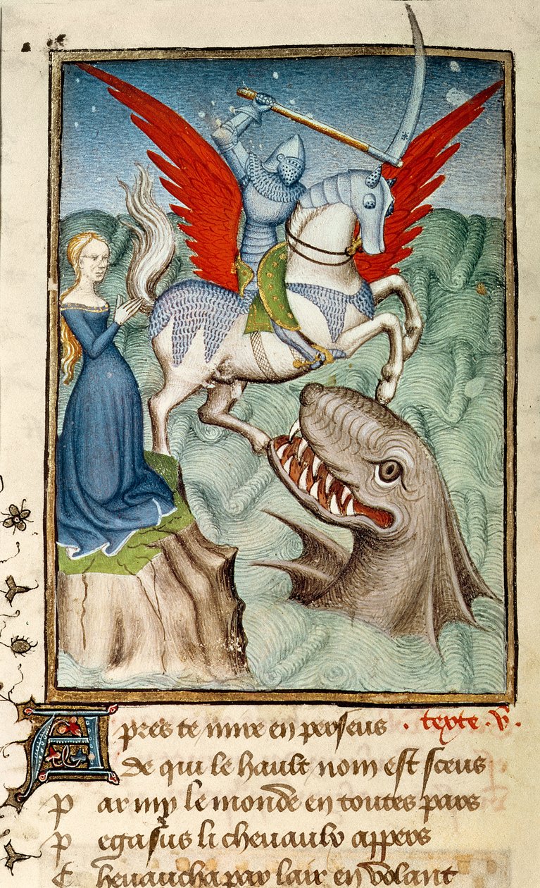 Harl 4431 f. 98v Androméda, amelyet a Pegasuson lovagló Perseus mentette meg a szörnyetegből, párizsi példány, 1410-11 körül (vellum) alkotó: French School