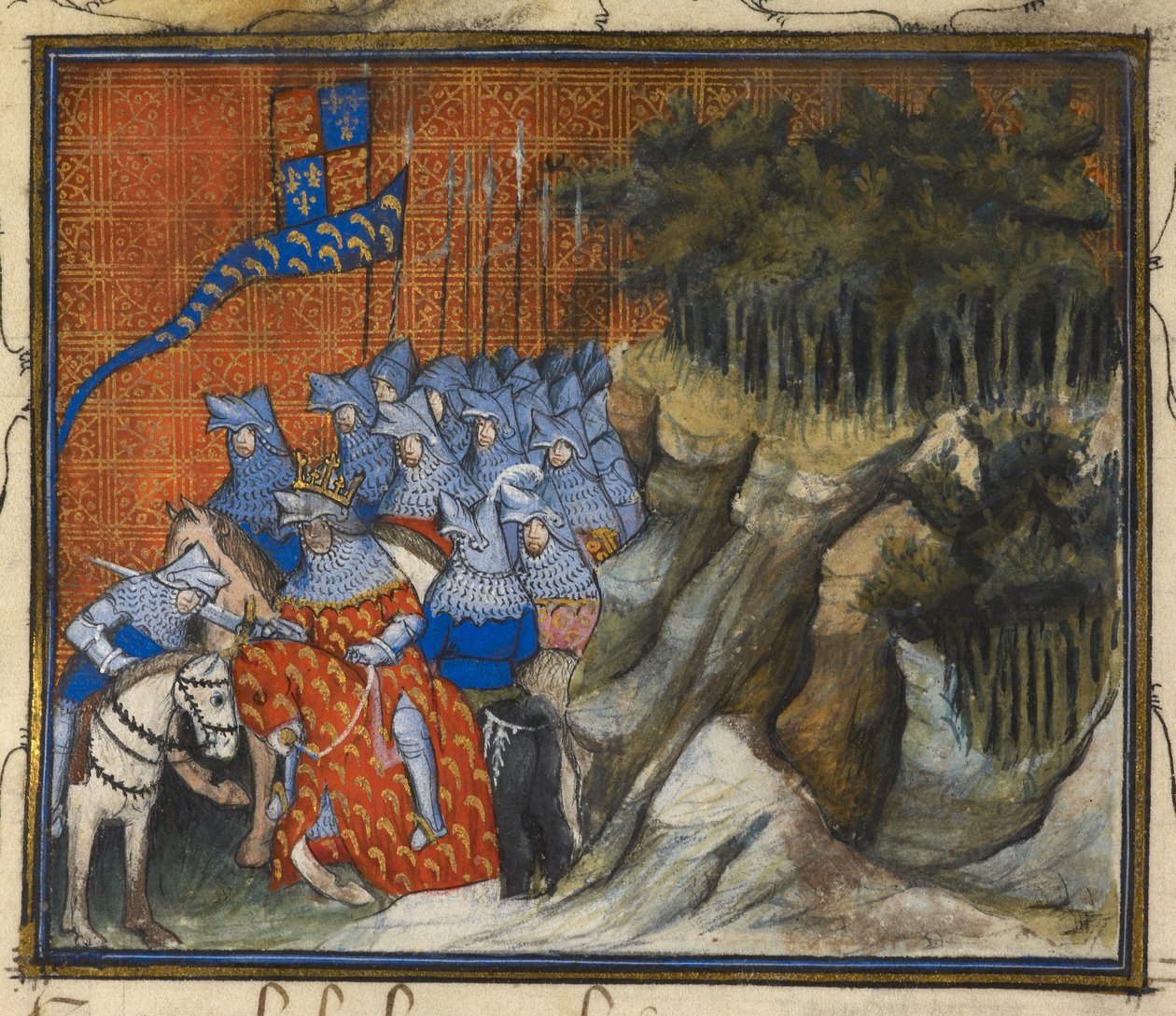 Harley 1319 f. 5, II. Richárd király Monmouth Henriket lovaggá ütötte az ír hadjárat során, a II. Richard király elfogásának és halálának könyvéből (vellum) alkotó: French School