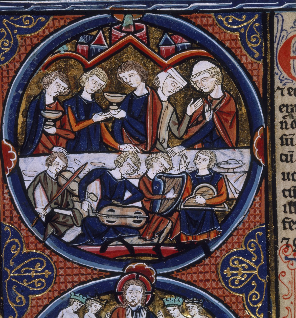 Harley 1527 fol.36v bankett zenészekkel, a „Bible Moralisee”, Párizs, 1240 körül (vellum) alkotó: French School