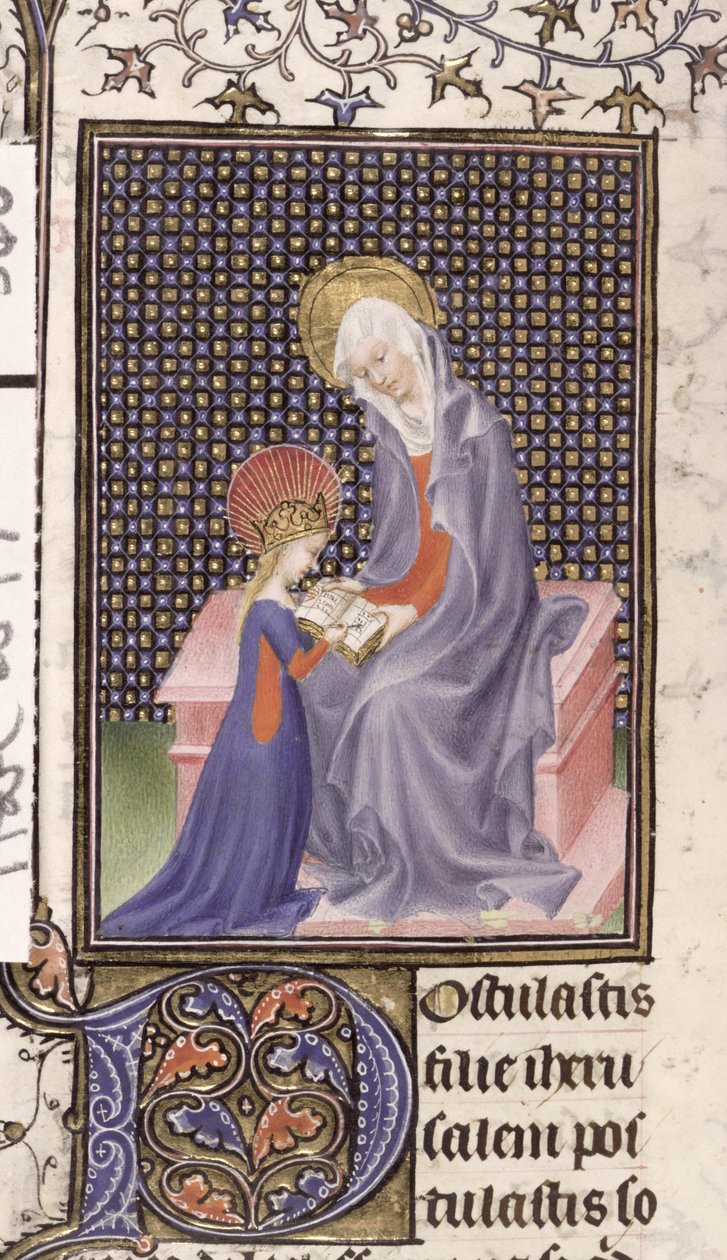 Harley 2897, f.340v: Szent Anna a Szűzanyát tanítja, Párizsban írva és megvilágítva (vellum) alkotó: French School