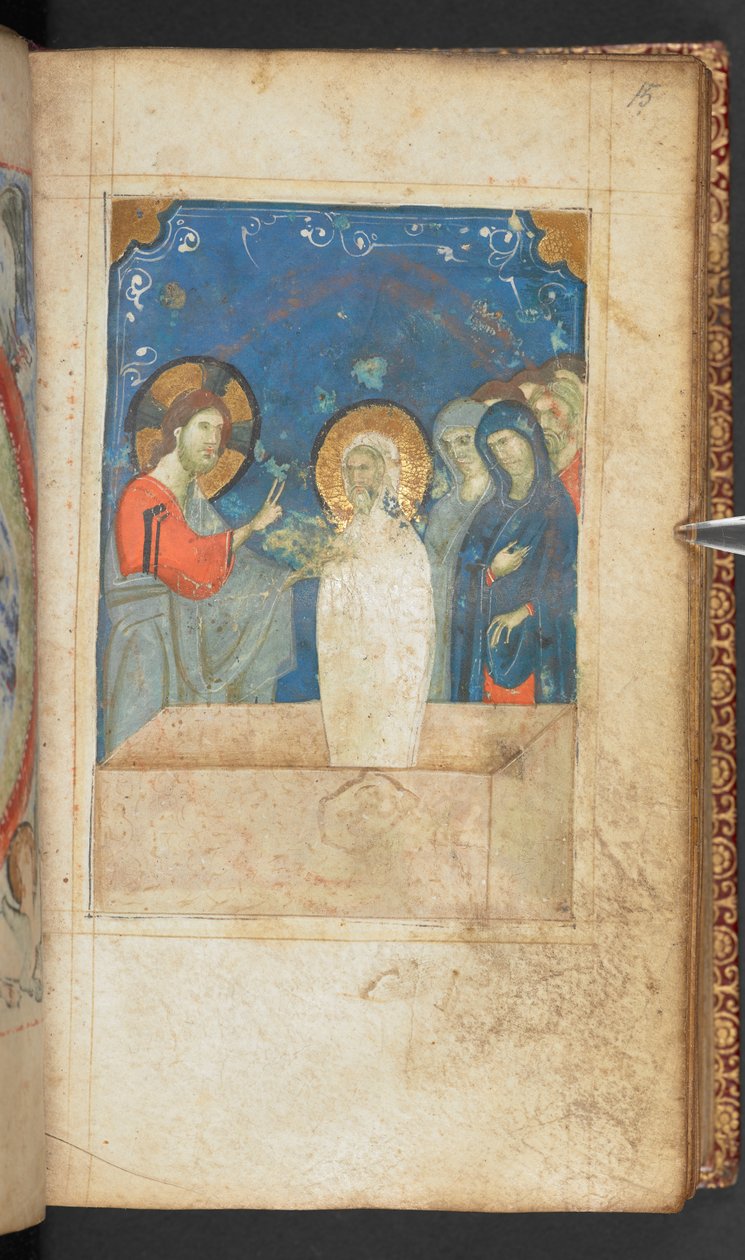 Harley 2928, f.15r, Lázár feltámasztása, Jelenet Szent János evangéliumából (vellum) alkotó: French School