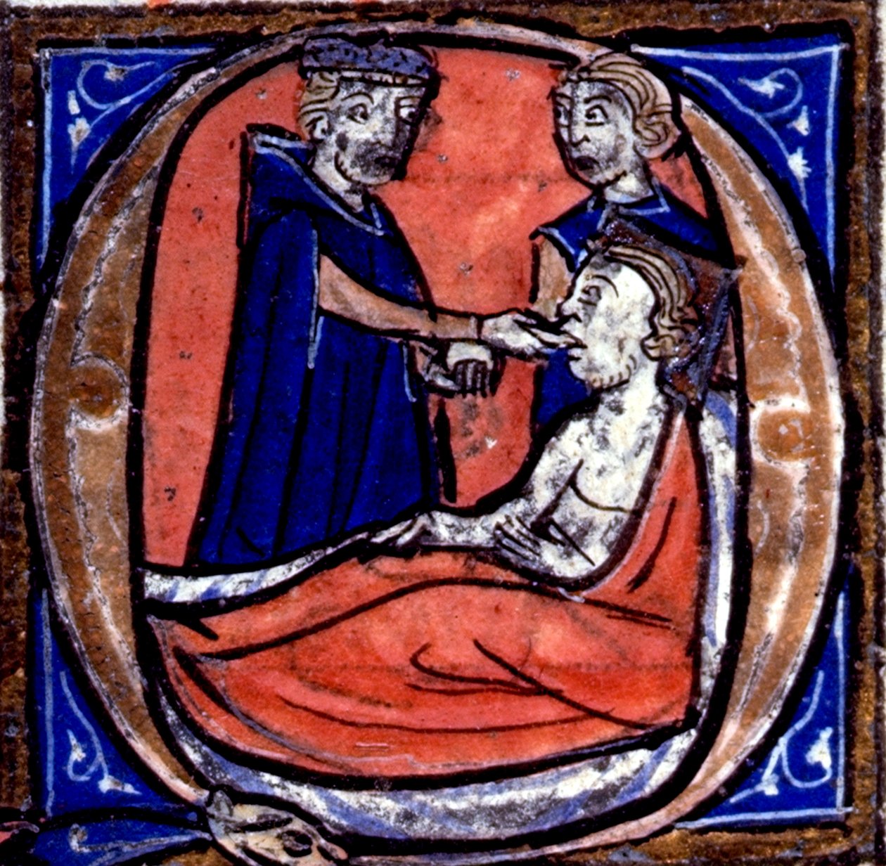 Harley 3140 fol.39 Történeti kezdetű „Q”, amely Hippokratészt (i.e. 460-377) ábrázolja egy pácienssel, a „De Regimine Acutorum”-ból (vellum) alkotó: French School