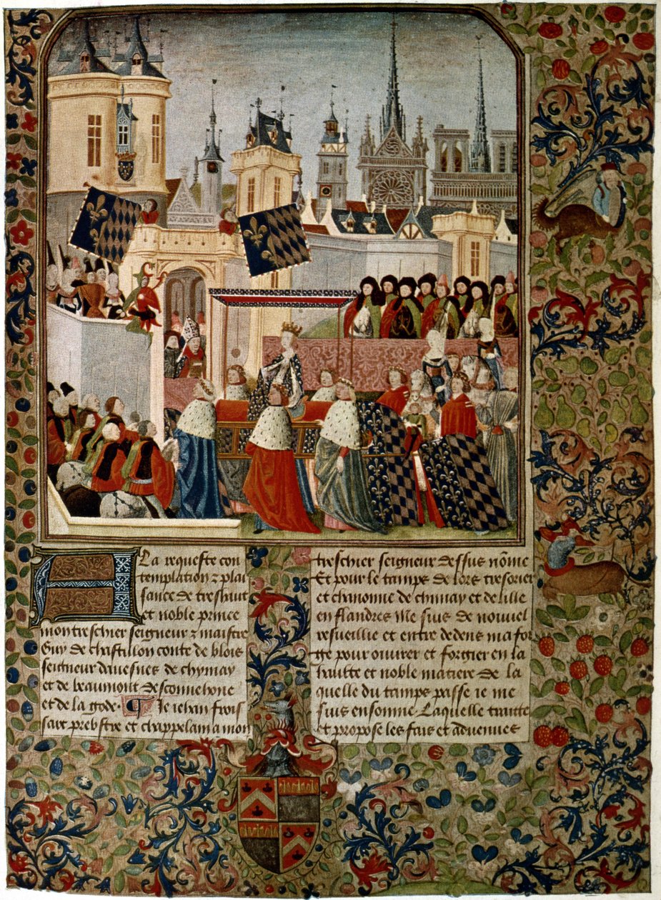 Harley 4379 f.3 Izabella királynő, II. Edward (1284-1327) elhidegült hitvese Párizsba 1325-ben, Jean Froissart (kb. 1333-kb. 1404) kivégezte Philippe de Comines (1445-1509) történész számára ( pergamen) alkotó: French School