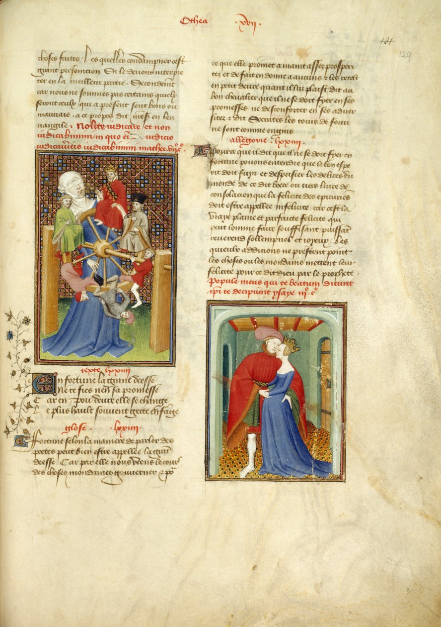Harley 4431, f.129 A szerencsekerék; és Helent ölelő Paris, a „The Book of the Queen” című kötetből. 1, Christine de Pizan, 1410-1414 körül (tinta, szín és arany pergamen) alkotó: French School