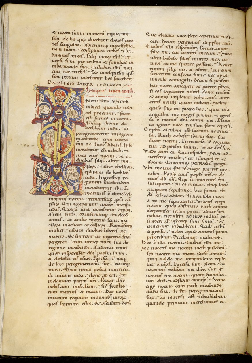Harley 4772 f.120v Nyitóoldal Ruth könyvéből, „The Montpelier Bible” (tinta és színes pergamen) alkotó: French School
