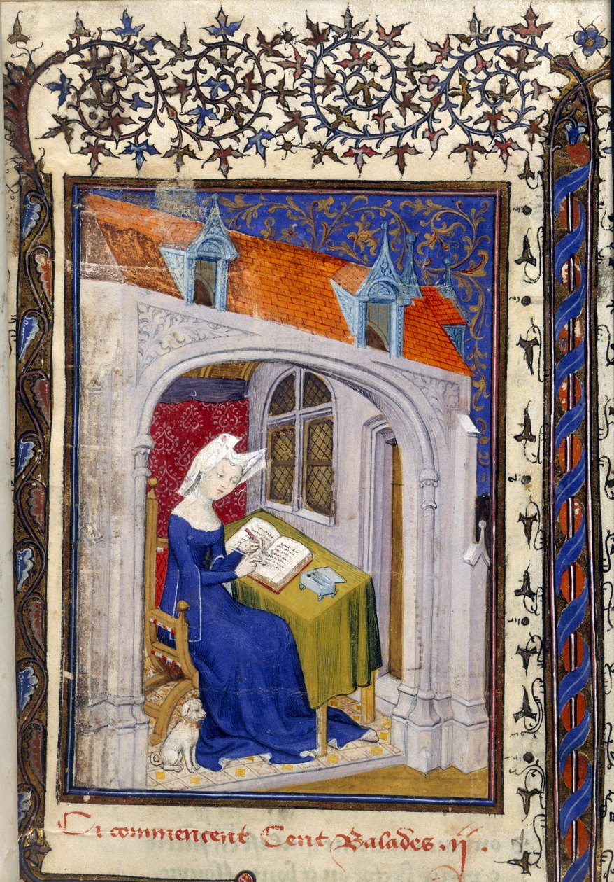 Harley MS 4431 f.004r Christine de Pizan miniatúrájának részlete a dolgozószobájában a „Cent balades” elején, 1410-1414 körül (tinta és szín pergamenen) alkotó: French School