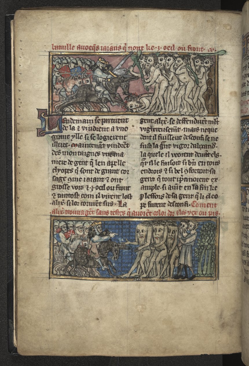 Harley MS 4979 f.72v Alexander küklopokkal harcban; Alexander egy csoport hibával küzd, 