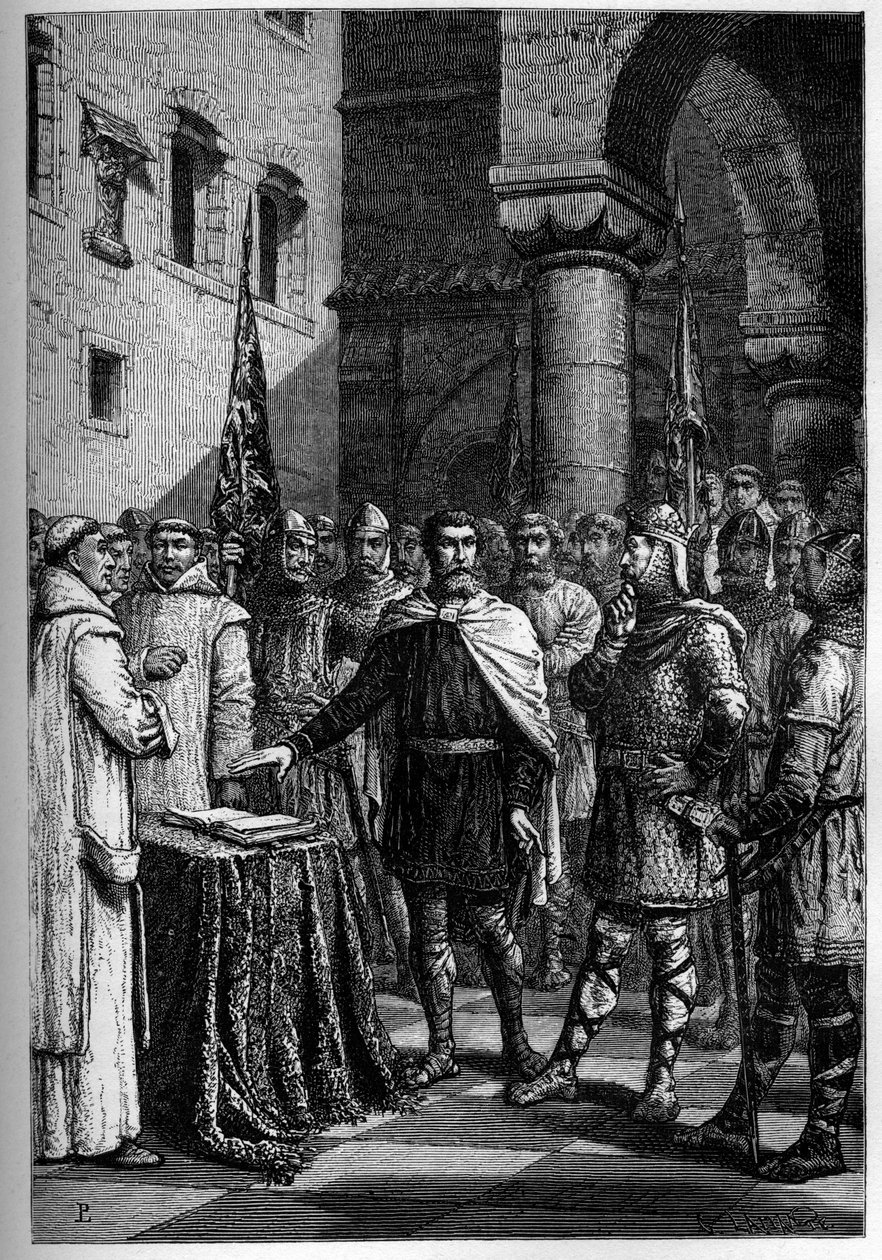 Harold, az angolok királya hűséget esküszik Guillaume-nak, Normandia hercegének (I. Vilmos) – II. Harold (1020-1066) 1064-ben megkoronázta az utolsó anglosaxon királyi koronát, és esküt tesz a szent ereklyékre I. Vilmos honfoglaló előtt, hogy támogassa ügy alkotó: French School