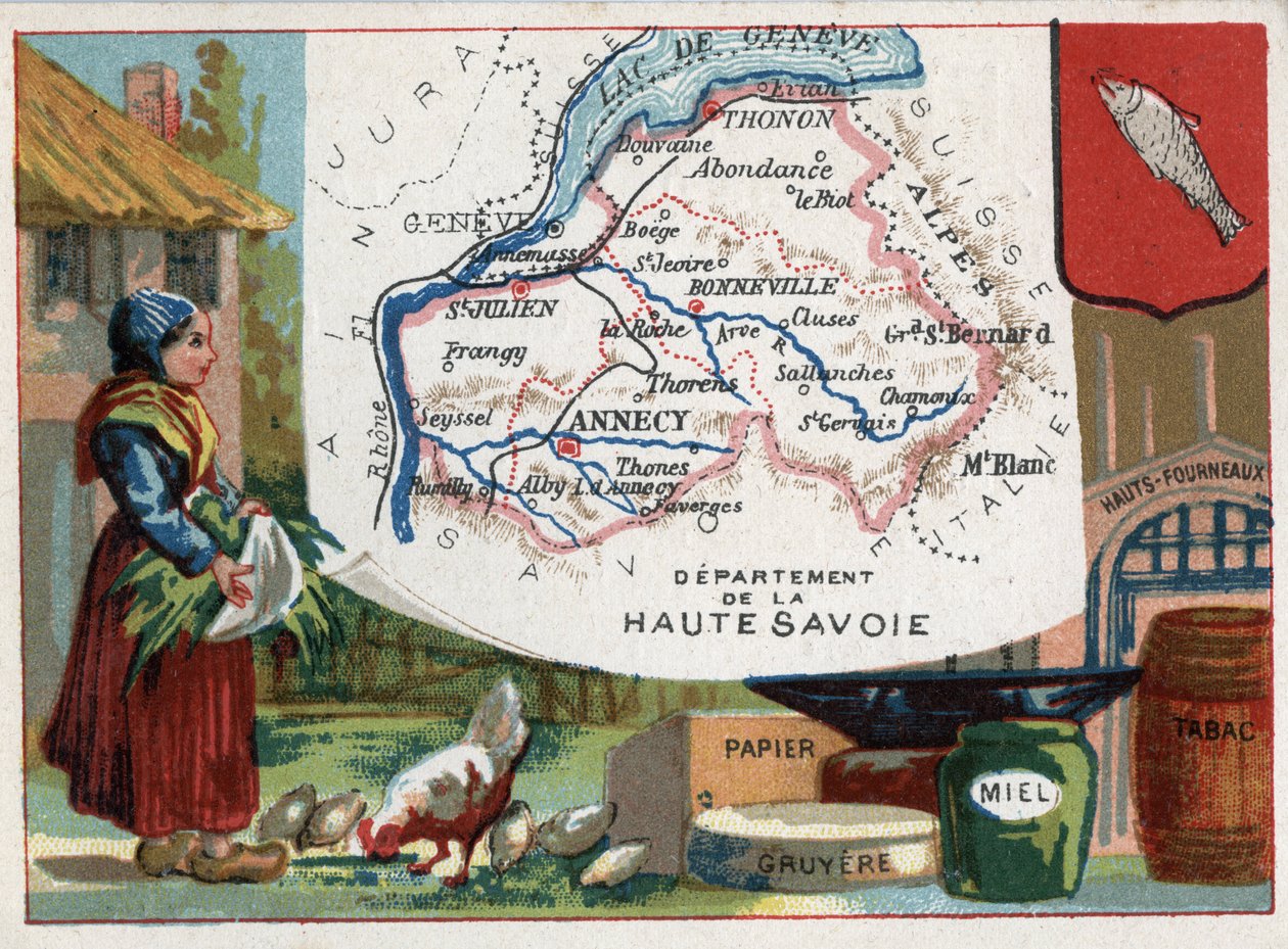 Haute Savoie (Haute-Savoie, 74), Rhone Alpes (Rhône-Alpes), Franciaország. Helyi specialitás: papír, gruyere, méz, dohány és kohók. Sorozat a francia minisztériumokról. Kromolitográfia (Chromo) „” a földrajzi szál””, 1920 körül. Magángyűjtemény alkotó: French School