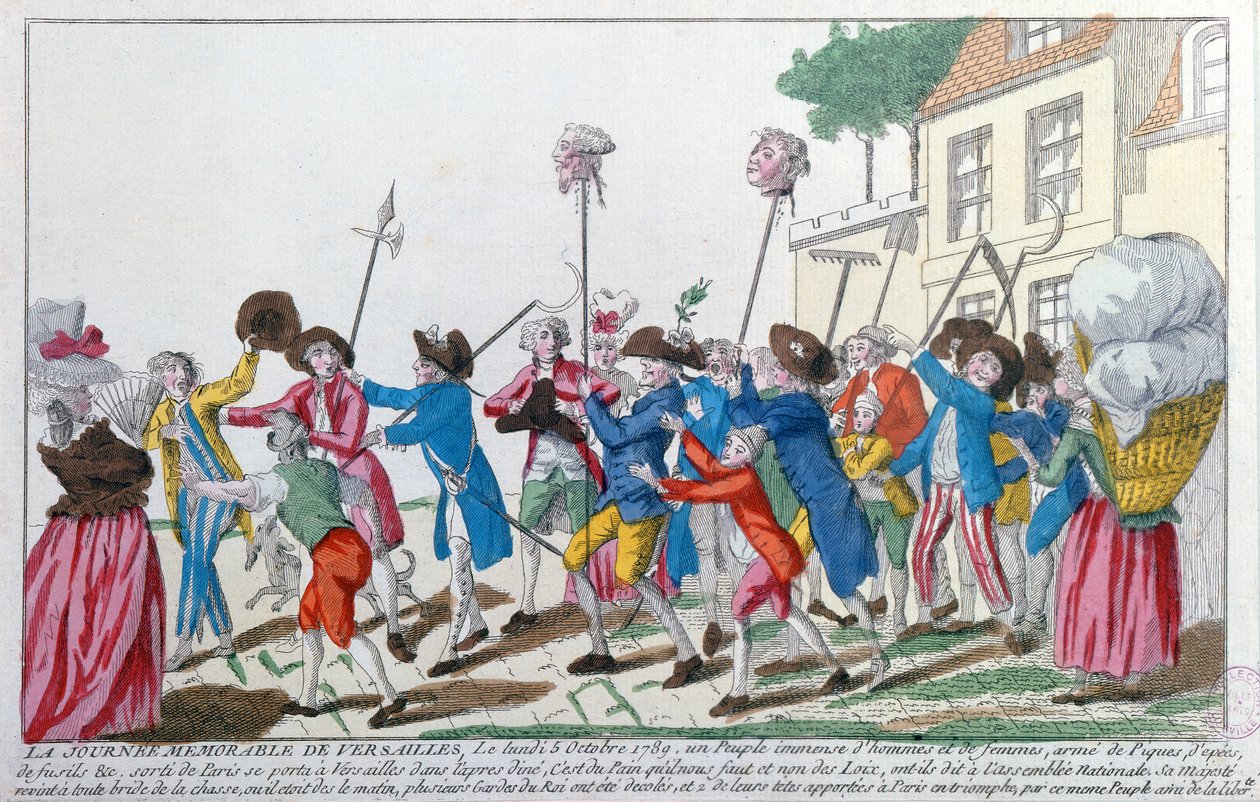 A párizsi csőcselék által 1789. október 5-én Versailles-ban meggyilkolt két királyi őr fejét diadalmenetben Párizsba szállítják. alkotó: French School