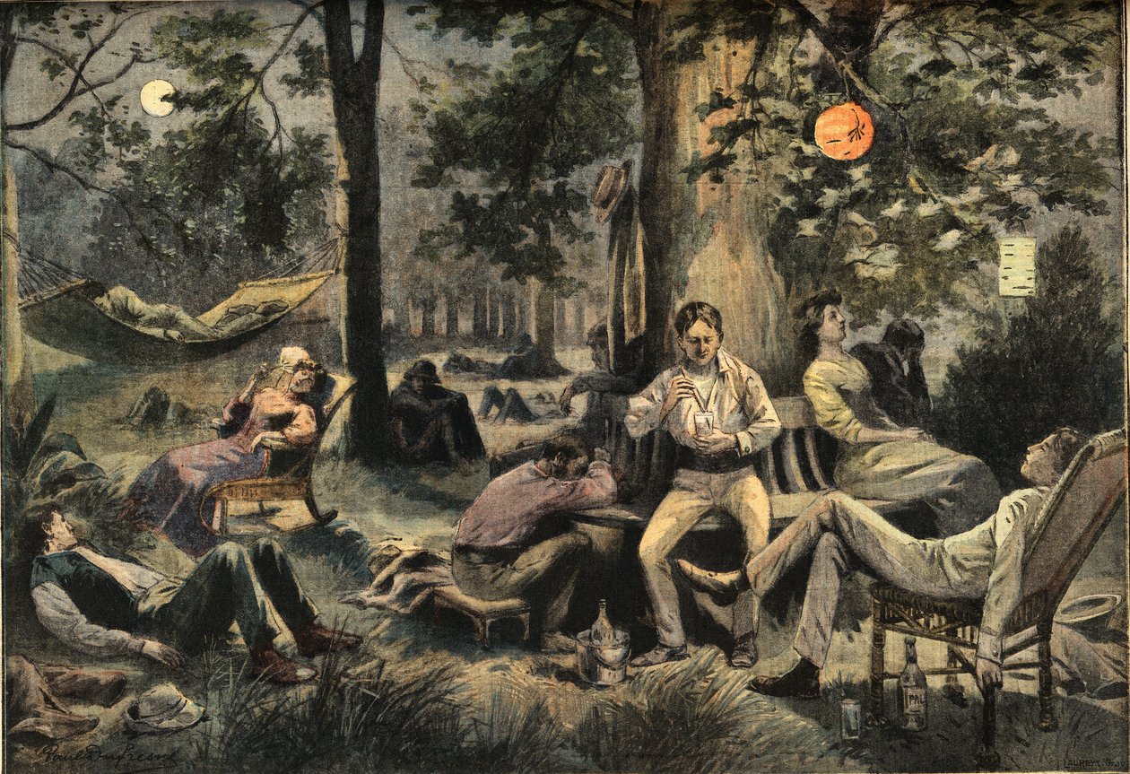 New York-i hőség: a lakók táboroznak a parkokban, a „Le Petit Parisien” újságból, 1908.07.26. (metszet) alkotó: French School