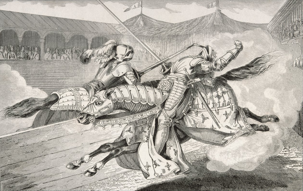 II. Henrik (1519-59) halálosan megsebesült egy tornán a lánya esküvői ünnepségén, Colart „Histoire de France” című művéből, amely 1840 körül jelent meg H. alkotó: French School