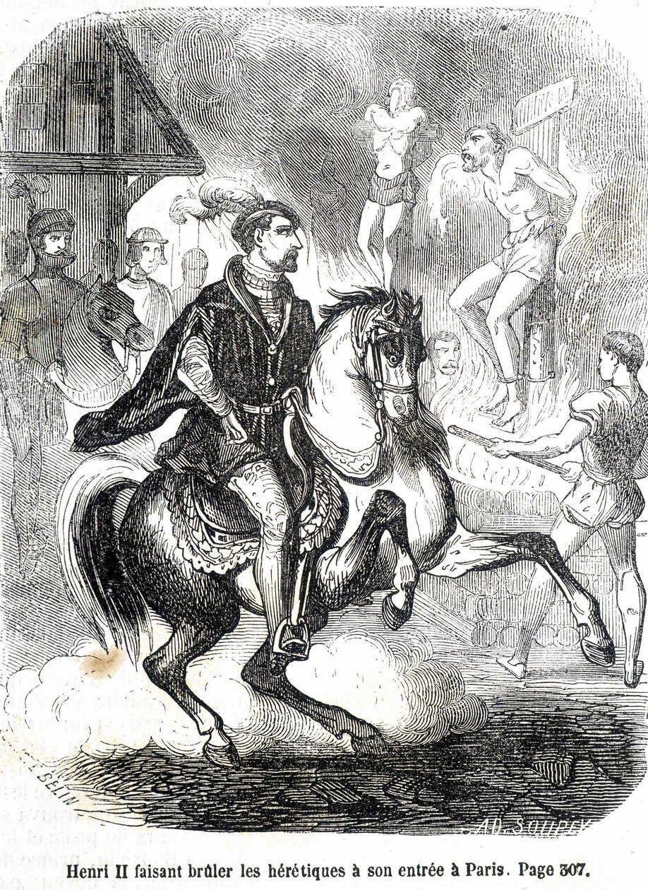 II. Henrik (1519 - 1559), aki az eretnekeket elégette Párizs bejáratánál – L.-P. „Histoire de France” című művében. Anquetil alkotó: French School