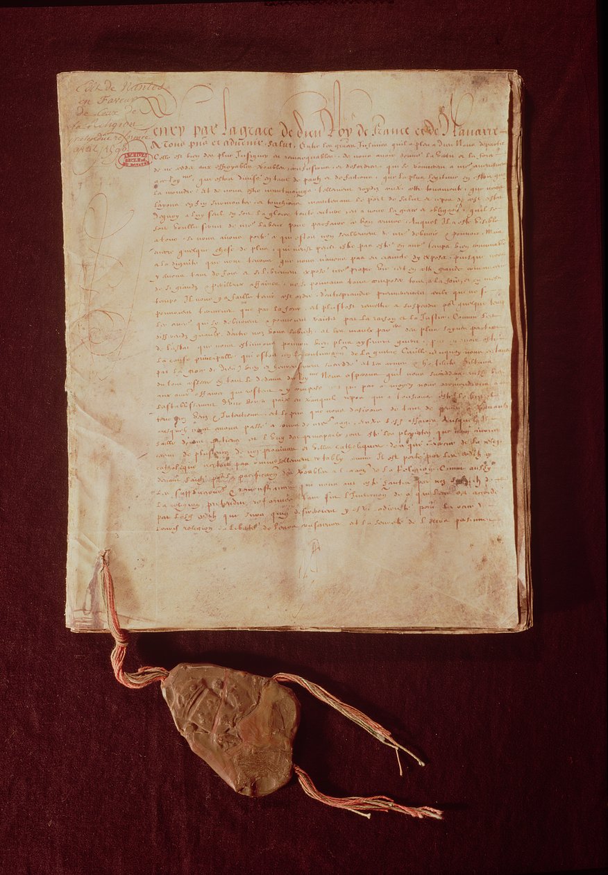 Henrik IV, Isten kegyelméből, Franciaország és Navarra királya, első oldal a Nantes-i ediktumból, 1598 (lásd még: 166021) (tintával a papíron) alkotó: French School