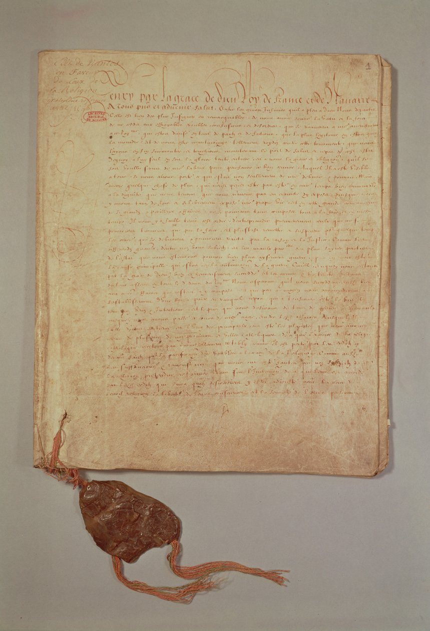 Henrik IV, Isten kegyelméből, Franciaország és Navarra királya, első oldal a Nantes-i ediktumból, 1598 (lásd még: 156756) (tintával a papíron) alkotó: French School