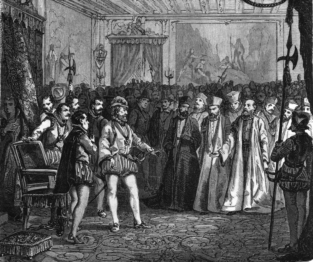 IV. Henrik a roueni nevezetesek gyűlése előtt. In "" Histoire Populaire de la France"", sd. 1885 körül. Metszet. alkotó: French School