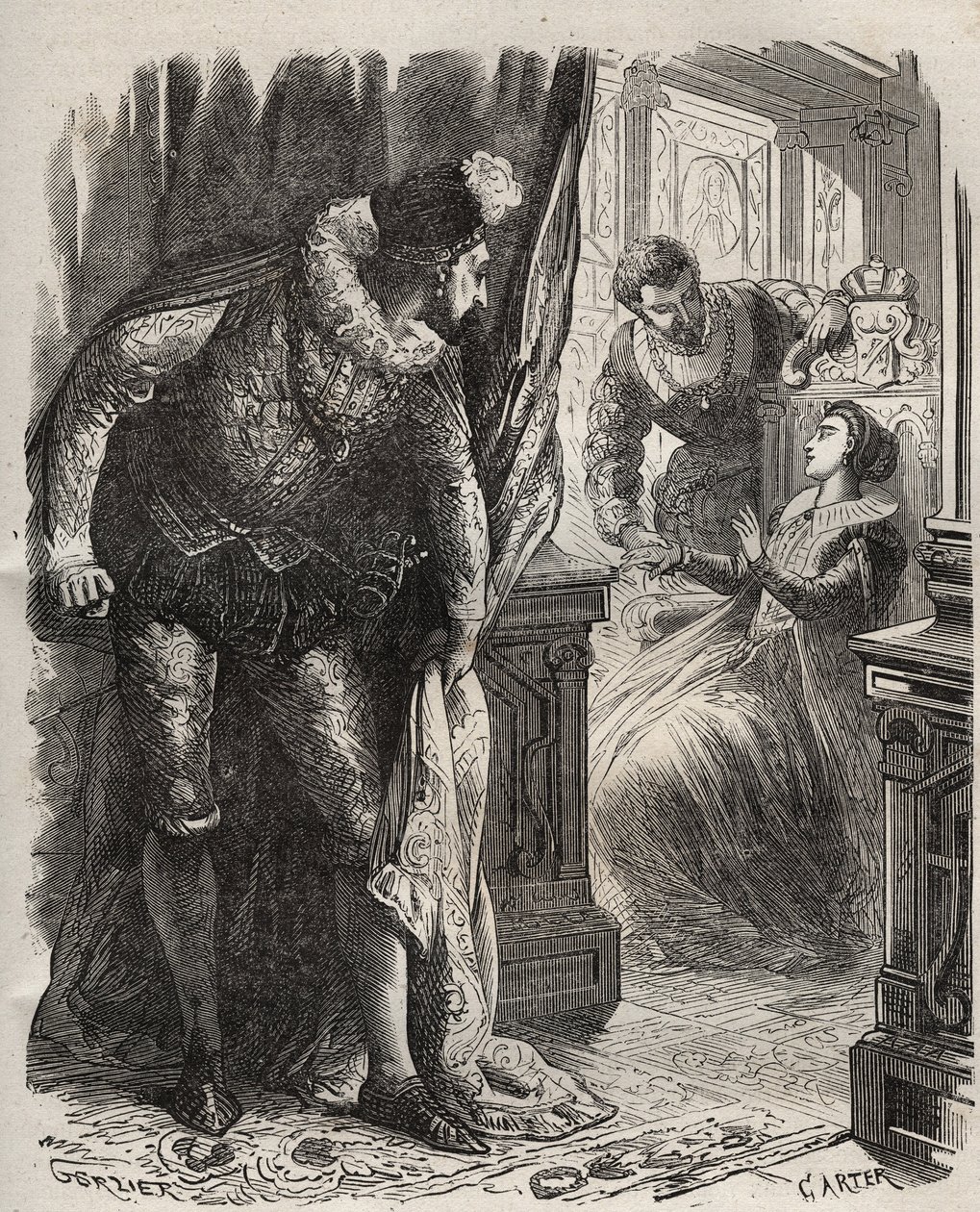 Henry (Henry) Stuart dit Lord Darnley (1545-1567) meglepte feleségét, Queen Mary (Mary) Iere Stuart (1542-1587) magántitkárával, David Rizzióval (megh. 1566). Metszet 1871-ből Henry de Kock (1819-1892) „Histoire Des Cocuses Celebres” c. alkotó: French School