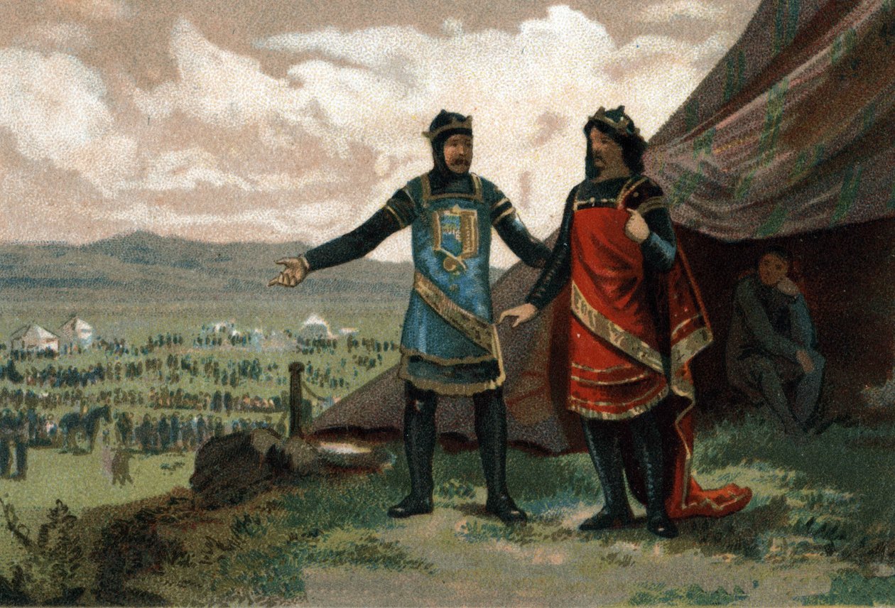I. Henrik, Franciaország királya (1008-1060) fogadta Normandia hercegét, Ördög Róbertet (más néven Le Magnifique-t), és hadsereggel látta el, hogy visszaszerezze királyságát. Kromolitográfia 1890 körül. alkotó: French School