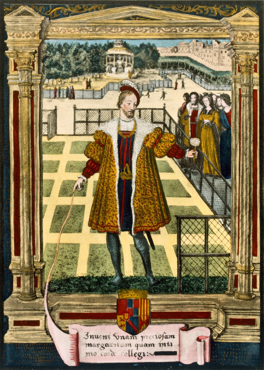 Henrik dAlbret (1503-55), Navarra királya Marguerite virágot ajándékoz Marguerite-nak, I. Ferenc király testvérének, akit 1527-ben feleségül vett. alkotó: French School