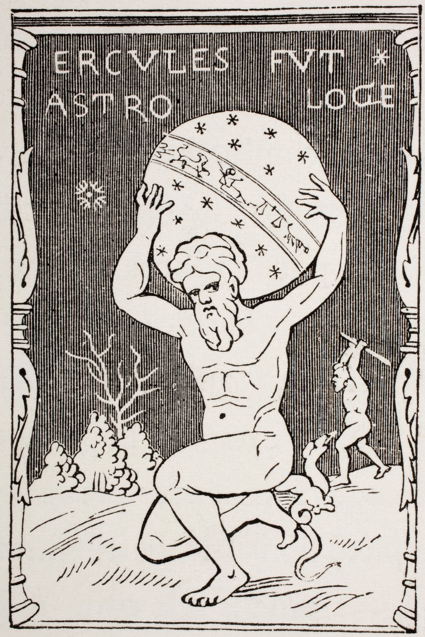 Herkules a hátán tartja a világot, míg az Atlasz a Hesperides almáit gyűjti az 1873-ban megjelent Les Arts au Moyen Age-ből alkotó: French School