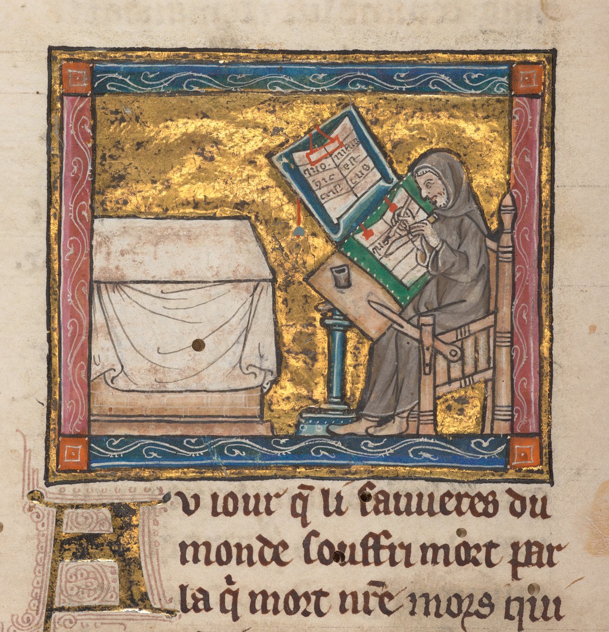 Remete írás íróasztalon, miniatűr az "Estoire del Saint Graal, La Queste del Saint Graal, Morte Artu" c. 1315-25-ből (tinta pergamenre) alkotó: French School