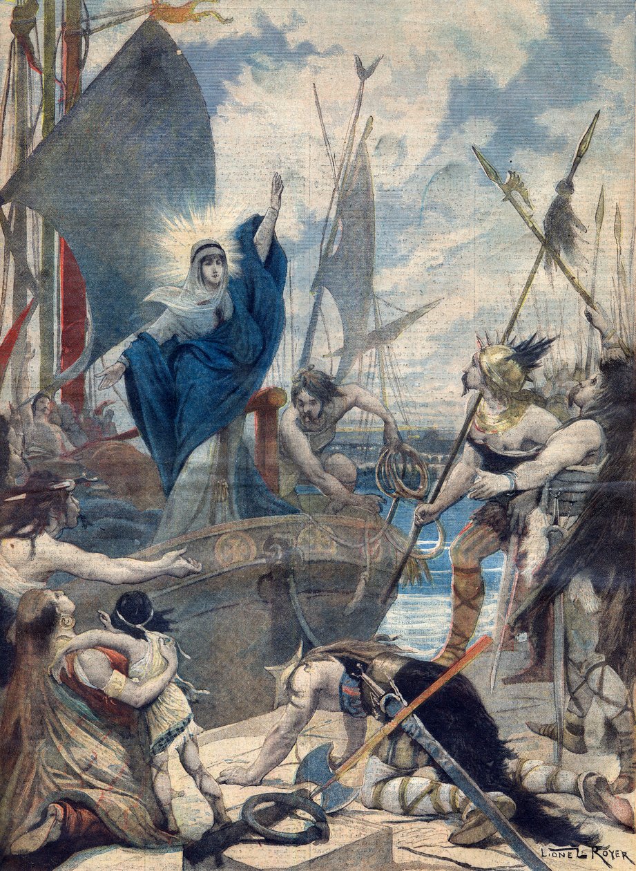 Franciaország hősnője: Szent Genevieve (423-512). Les heroines de France - Invasions Barbares - Sainte Genevieve megmenti Párizs városát. Illusztráció a Le petit Journal számára alkotó: French School