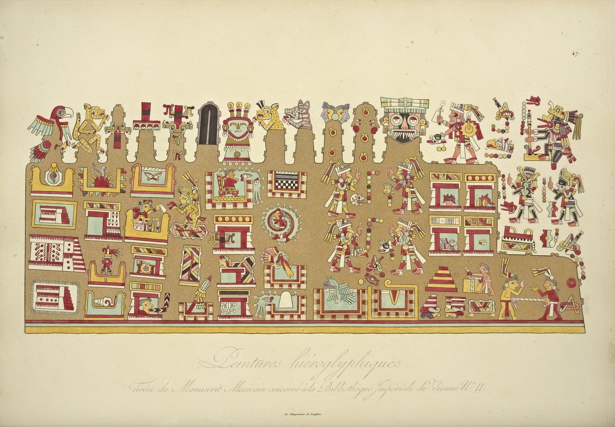 Hieroglif festmények a II. mexikói kéziratból, a Bécsi Császári Könyvtárban őrzik, illusztrációja Alexander von H Kordillerák látképéből és Amerika őslakos népeinek emlékműveiből alkotó: French School