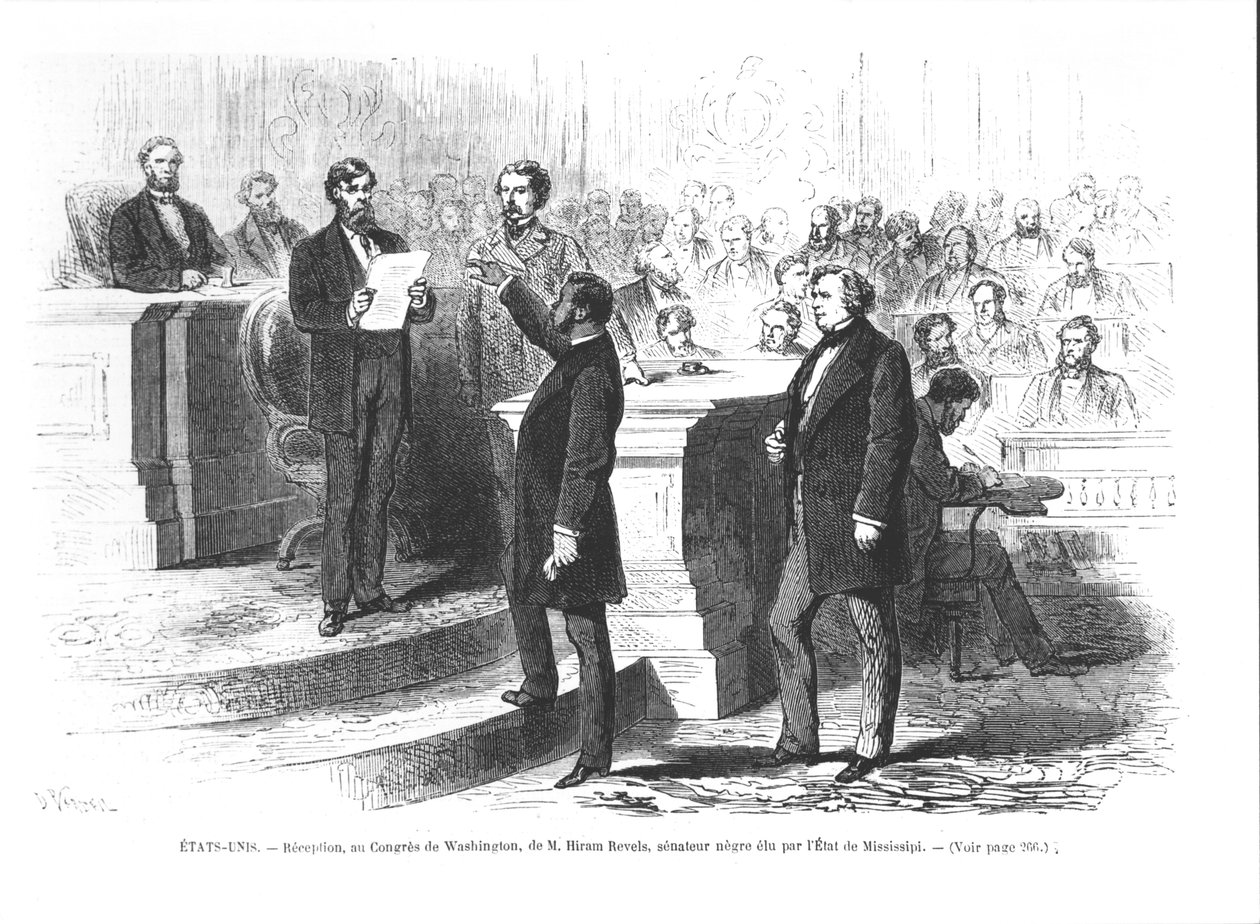 Hiram Revels, Mississippi állam első fekete szenátora letette az esküt a washingtoni kongresszusra alkotó: French School