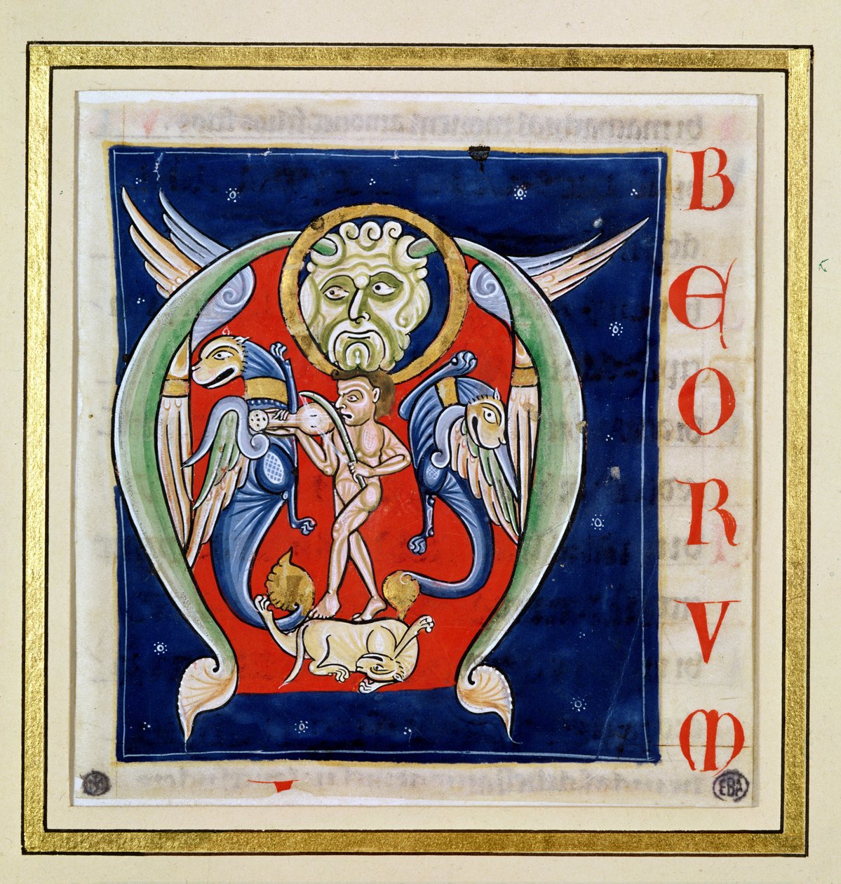 Történelmi kezdetű „M”, amely egy rebeket játszó férfit és fantasztikus állatokat ábrázol, Saint-Andre aux-Bois Bibliájából alkotó: French School