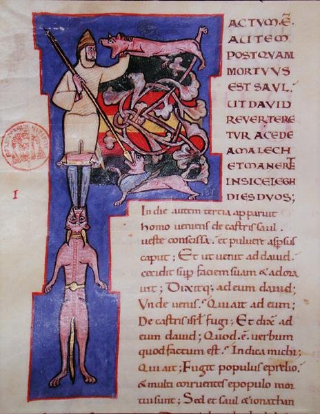 Egy latin nyelvű Bibliából származó előzményezett „P” kezdőbetű, amely Saul halálát ábrázolja alkotó: French School