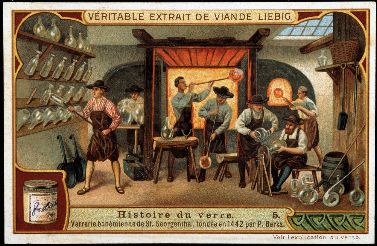 Az üveg története: P. Berka által 1442-ben alapított Szent Georgenthal-i Boheme üveggyár. 19. század végi liebig-kromolitográfia. alkotó: French School