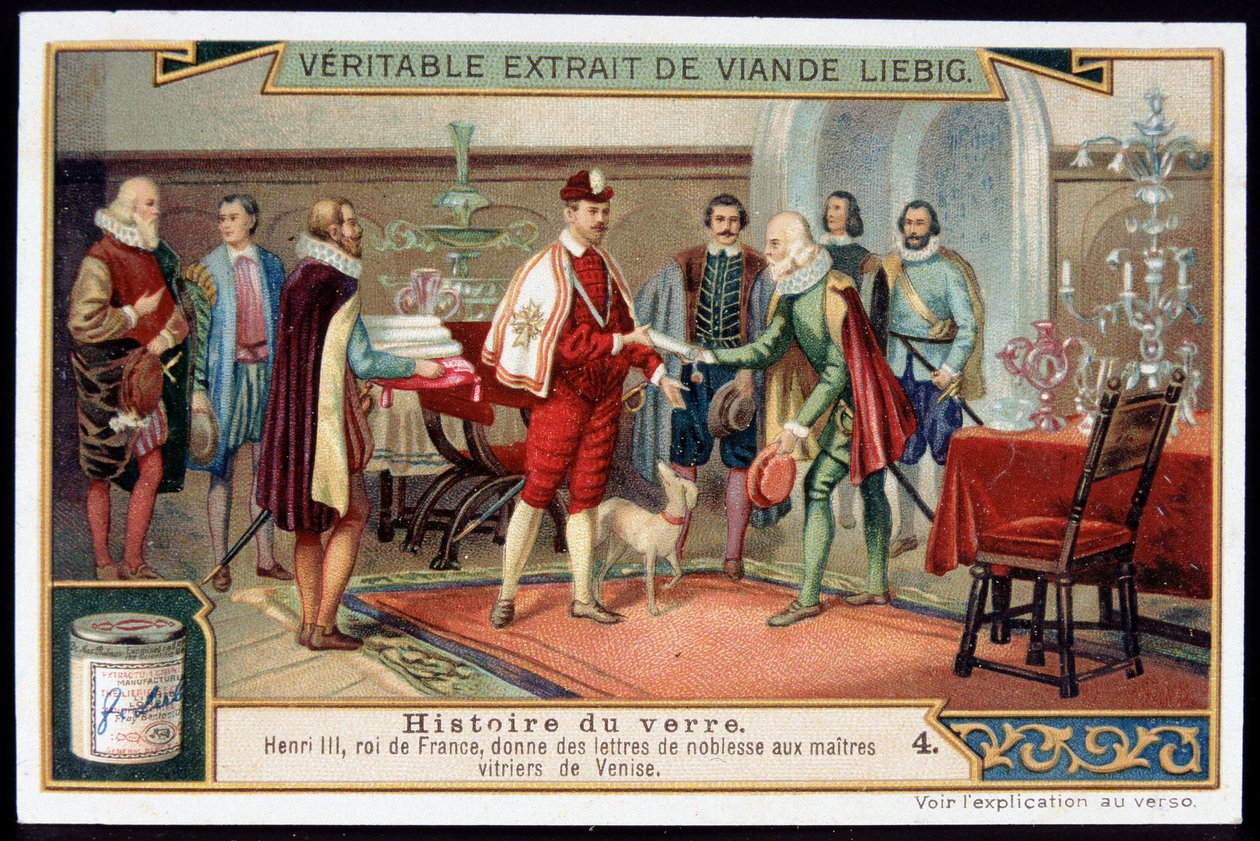 Az üveg története: III. Henrik (1551-1589) Franciaország királya nemesi leveleket ad a velencei üvegezőmestereknek. 19. század végi liebig chromolitográfia. alkotó: French School