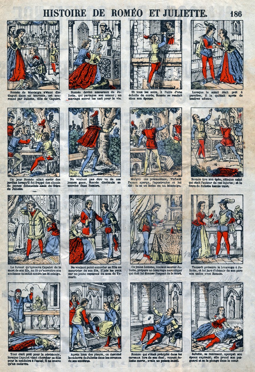 Rómeó és Júlia története William Shakespeare drámája után (1564-1616). Epinális képalkotás a 19. század végéről. alkotó: French School