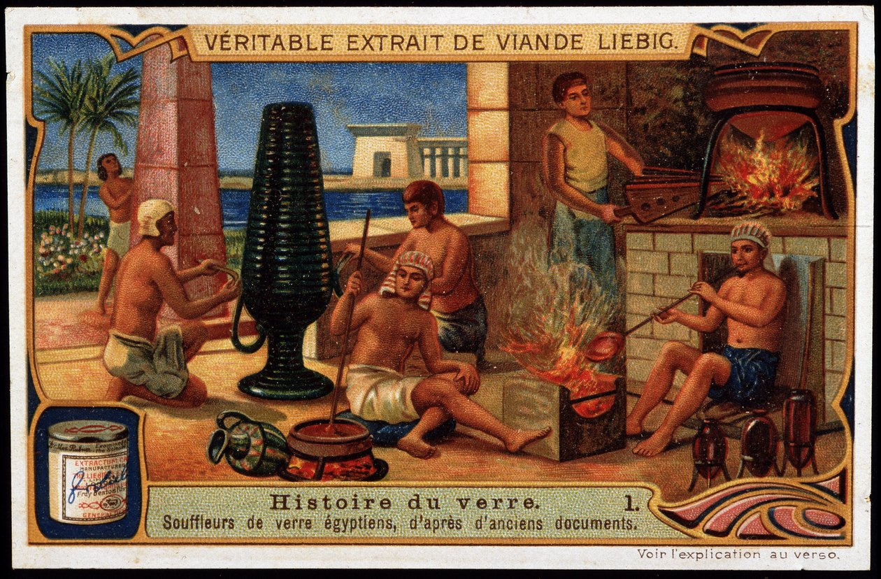 History of glass: Egyptian glass blowers, based on ancient documents. Liebig Chromolithography alkotó: French School