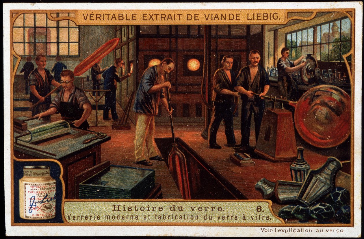 Az üveg története: A modern üvegáruk és az üveggyártás a 19. század végén. A 19. század végi liebig-kromolitográfia. alkotó: French School
