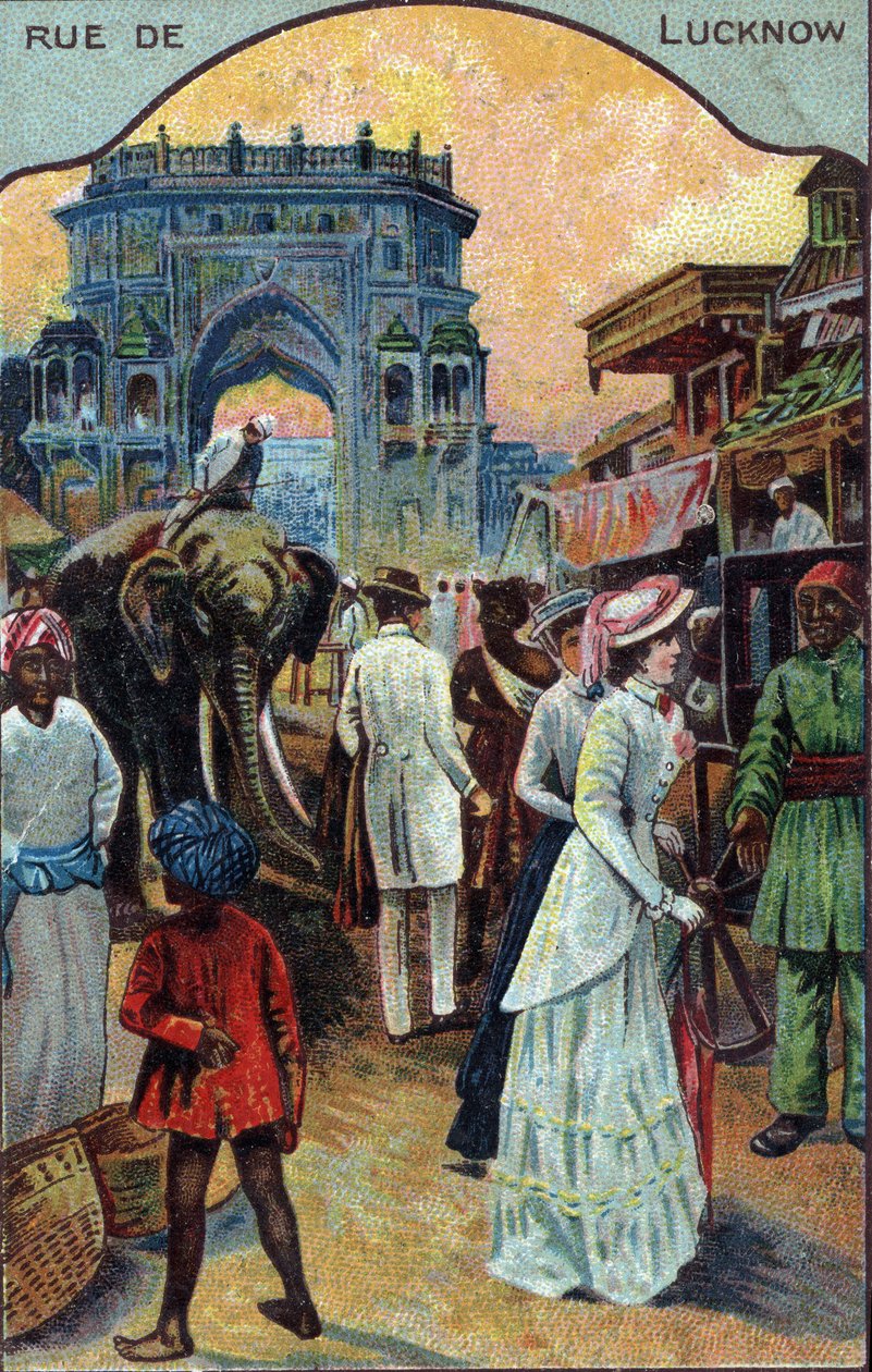Turizmus története: Nyugati turisták Lucknow utcájában, India (Nyugati turisták Lucknow utcájában, India) 19. századi kromolitográfiája Magángyűjtemény alkotó: French School