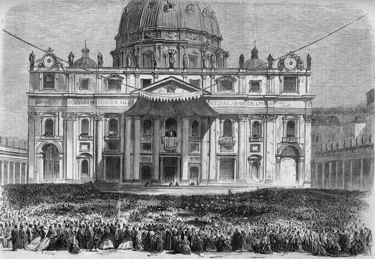 Nagyhét Rómában: kilátás a római Szent Péter térre (Piazza San Pietro) az „urbi et orbi” áldás idején, nagycsütörtökön és húsvétvasárnap. Metszet a „” Le Monde Illustré”” 526. számában, 1867. május 11. alkotó: French School