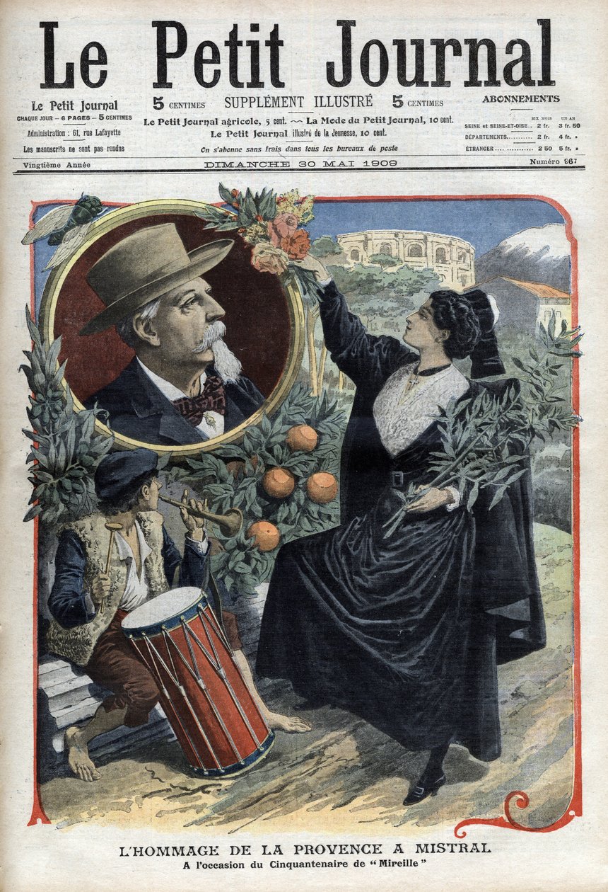 Provence hódolata Frederic Mistral előtt, „" Mireille" ötvenedik évfordulója alkalmából (1859) In "Le Petit Journal", 1909. május (metszet) alkotó: French School