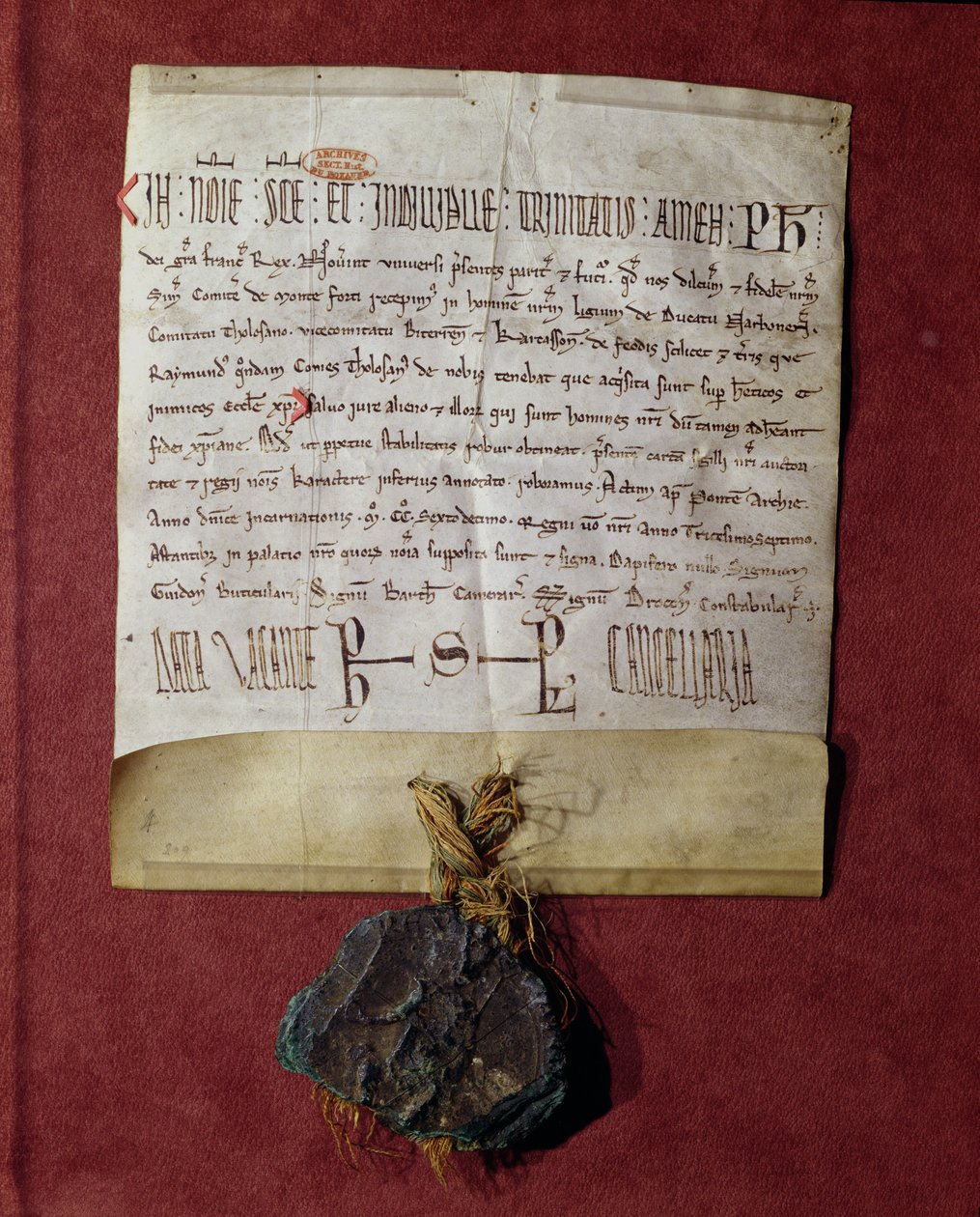 Hódolat II. Fülöp királynak (1165-1223) Simon de Montforttól (1160-1218 körül) VI. Raymondtól (1197-1249) 1216 körül elkobzott területekért alkotó: French School