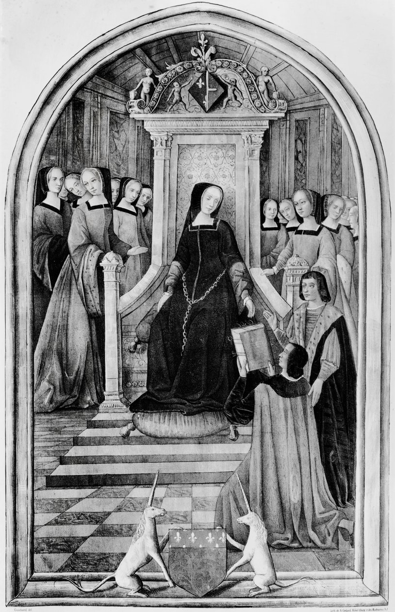 Tisztelgés Louise de Savoie (1476-1531) előtt Amiens-ben 1518-ban, a Les Chants Royaux-ból, A. Godard metszetében alkotó: French School
