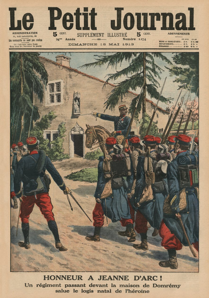 Tisztelet Jeanne of Arcnak, egy ezrednek, amely a hősnő szülőhelye előtt tiszteleg Domremyben, a „Le Petit Journal” címlapjának illusztrációja, illusztráció melléklete, 1913. május 18. alkotó: French School