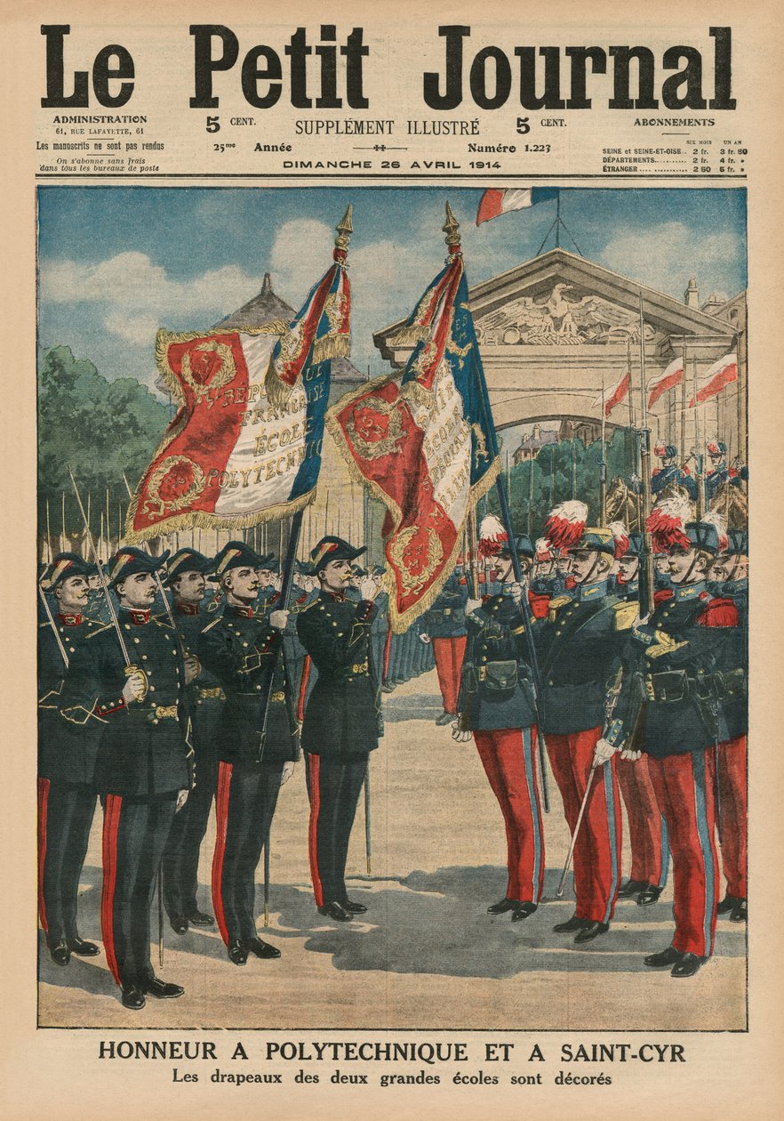 Tisztelet a Polytechnique-nek és a Saint-Cyr-nek, a Le Petit Journal első borítójának illusztrációja, kiegészítés, 1914. április 26. alkotó: French School