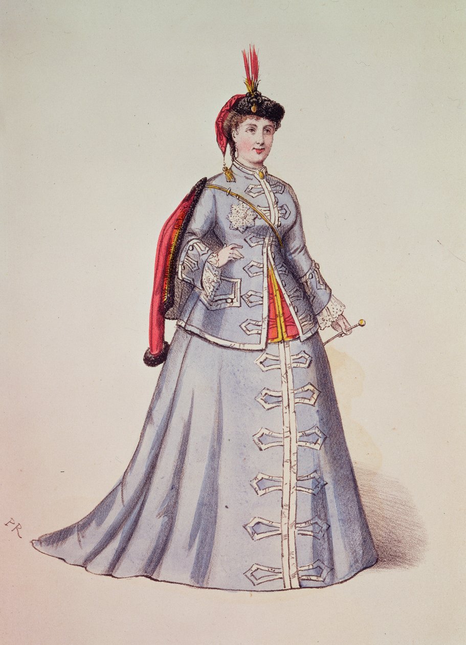 Hortense Schneider Offenbach „La Grand Duchesse de Gerolstein” című operettjének címszerepében, illusztráció a „Paris kosztümökből”, 1867 alkotó: French School
