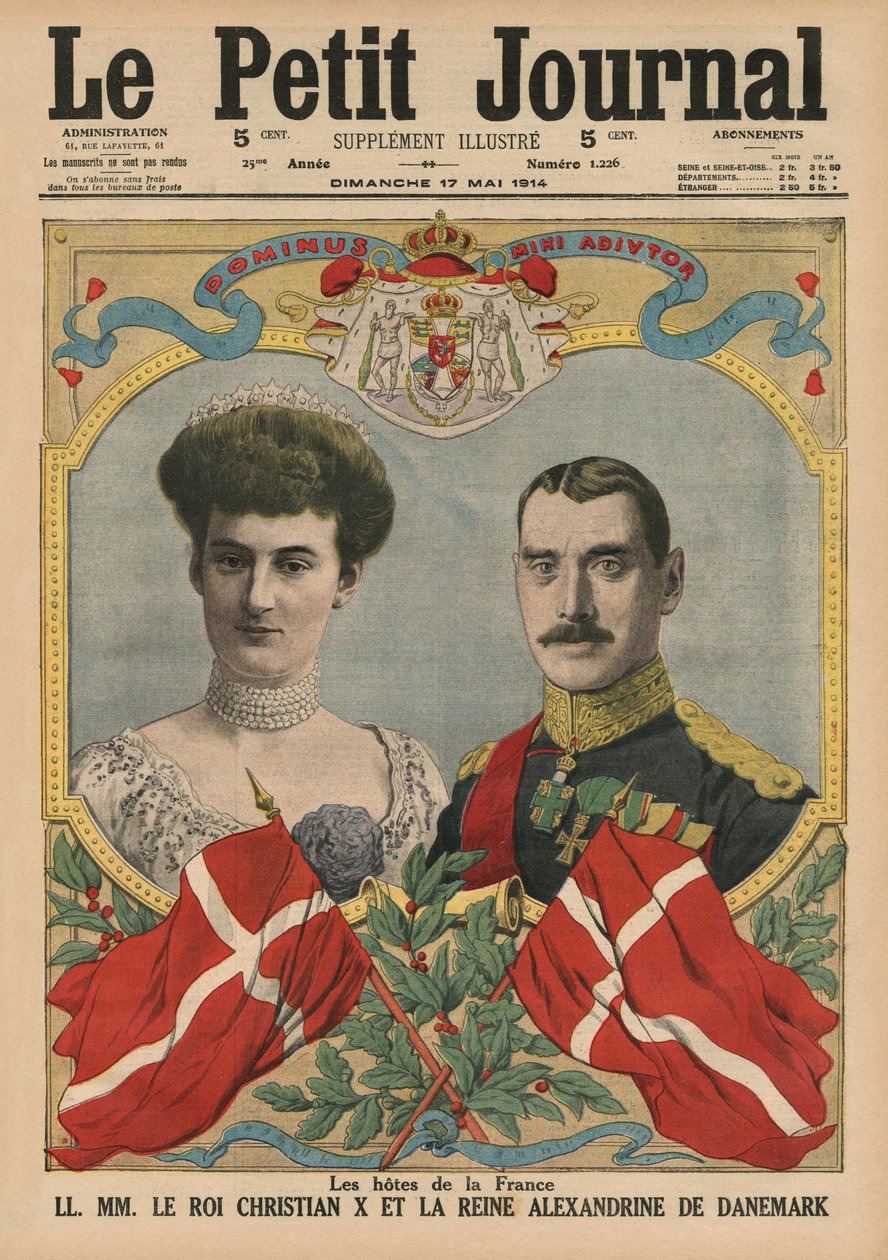 Franciaország házigazdái, X. Keresztény király és Alexandrin dán királynő, a „Le Petit Journal” címlapjának illusztrációja, mellékelt illusztráció, 1914. május 17. alkotó: French School