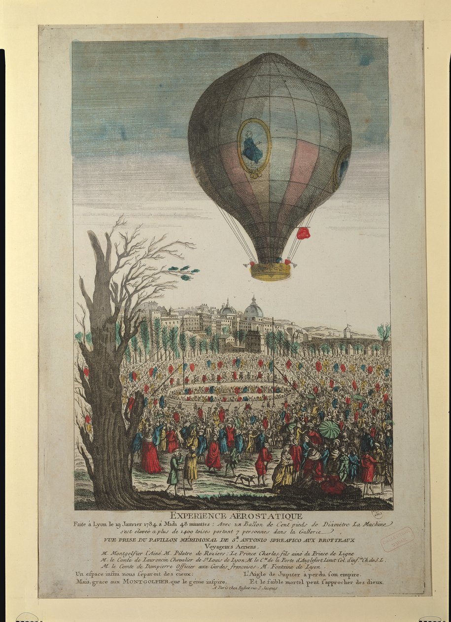 A Montgolfier testvérek és Francois Pilatre de Rozier (1754-85) hőlégballon kísérlete Lyonban, 1784. január 19. alkotó: French School